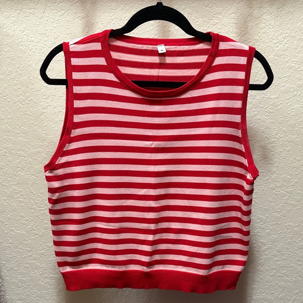Red and Peach Striped Sleeveless Knit Top